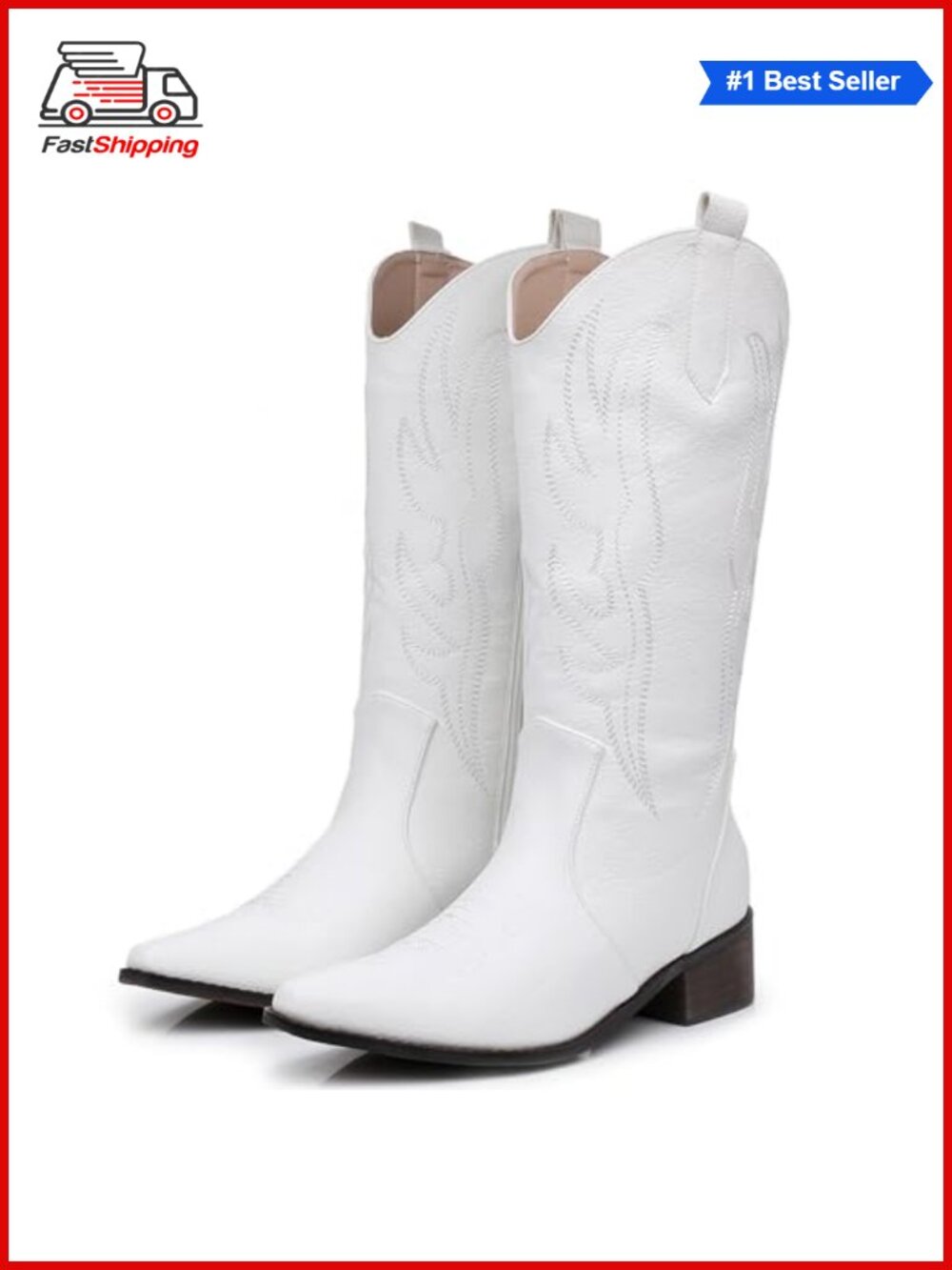 ✨Cowboy Boots Women Embroidered Mid Calf Side Zipper Chunky Heel Faux Leather